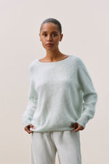 DOVE BRUSHED CASHMERE OFF THE SHOULDER SWEATER
